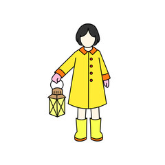 Vector Illustration of a Girl Wearing a Yellow Raincoat Holding a Lantern with a White Background