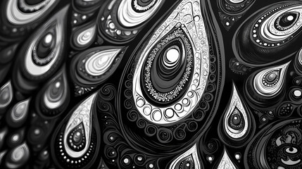 Stylish black and white teardrop patterns with intricate designs. Stardrop. Illustration