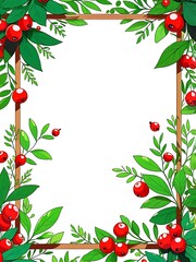 A watercolor floral rectangular frame decorated with leaves, flowers, and barries