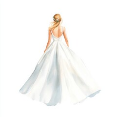 Fototapeta premium Watercolor wedding dress elegant bride art piece soft palette back view romantic concept, isolated on white background