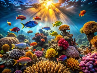 Vibrant Coral Reef Ecosystem: Sunlit Underwater Scene with Diverse Fish