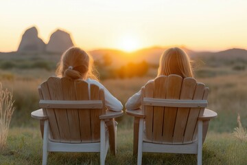 Two young caucasian females watching sunset over scenic landscape