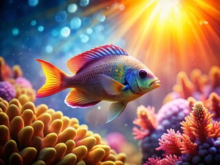 Fototapeta premium Vibrant Coral Reef with Tiny Sea Creature, Bokeh Background - Stock Photo