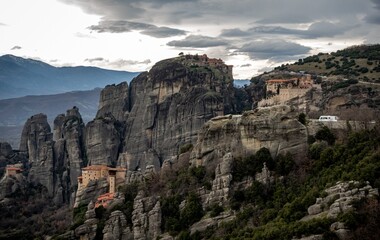 Meteora monasteries view in the winter with dark colours. Greece
