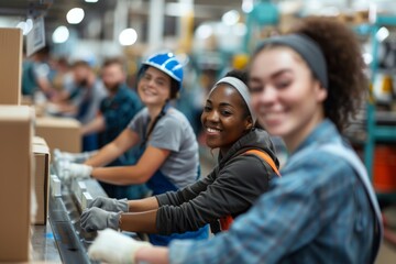 Smiling group of factory workers packaging a product in factory