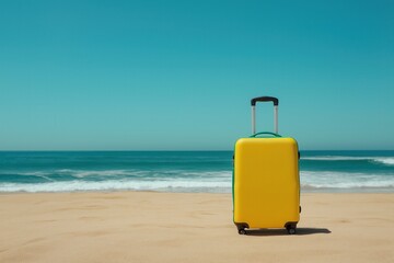 Yellow suitcase on sandy beach with ocean waves under clear blue sky