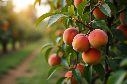 Peaches hanging on trees in a bountiful peach orchard at harvest time, peaches, tree, orchard, farm, harvest, ripe, juicy - Powered by Adobe