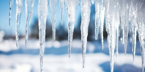Glistening icicles hanging beautifully from a roof against the backdrop of a serene winter sky