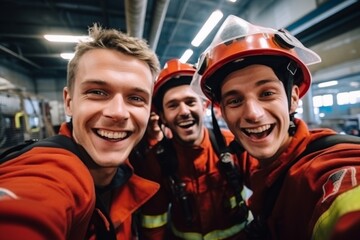 Fototapeta premium Portrait of a smiling group of firefighters taking selfie at station