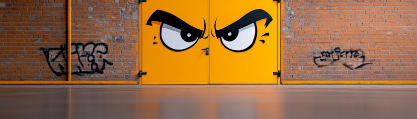 Angry Eyes on Door: A vibrant orange door is adorned with a graffiti-style illustration of menacing eyes, set against a backdrop of a grungy brick wall with additional graffiti.