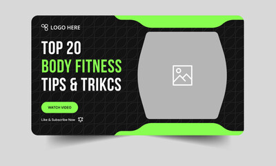 Everyday body fitness techniques video thumbnail banner design, daily workout tips and trick video cover banner design, fully editable vector eps 10 file format
