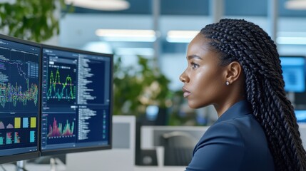 Data Driven Decisions: A focused businesswoman analyzes complex data graphs on multiple monitors, highlighting the importance of data analysis in modern business.  