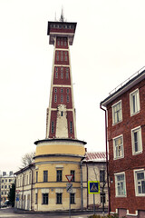 Historical red-brick fire-tower of Rybinsk, one of the highest fire watchtowers in Rybinsk, Russia