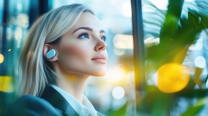 Woman in Wireless Earbuds: A young, professional woman with blonde hair and blue eyes gazes thoughtfully out a window while wearing wireless earbuds.  The scene radiates a sense of calm, focus.