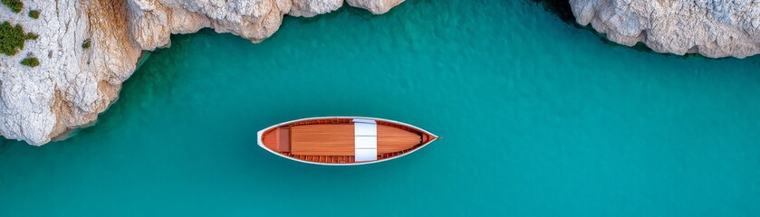 Solitude on the Turquoise Lagoon: A lone wooden boat floats serenely in a turquoise lagoon, surrounded by towering white cliffs. The ethereal scene evokes a sense of tranquility and peace.
