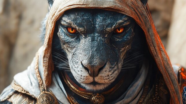 Ancient Egyptian Ammit Portrait with Fiery Eyes. Generative AI