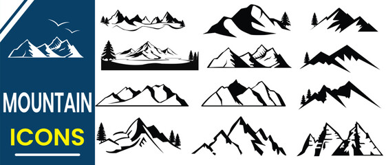 Mountain silhouette set. Mountain, vector landscape icon set. Hill, rocky, hiking,  range, travel and landscape icon. Vector illustration.