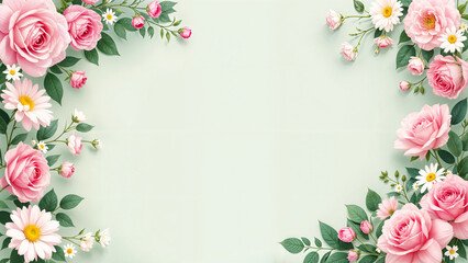 Green Floral Frame Background with Vibrant Pink Roses and Daisies on a Pastel Green Backdrop for Minimalistic Romantic Designs and Text Space