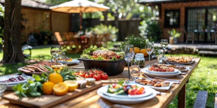 Summer patriotic celebration features a vibrant outdoor feast with delicious food and festive decorations in a backyard garden setting