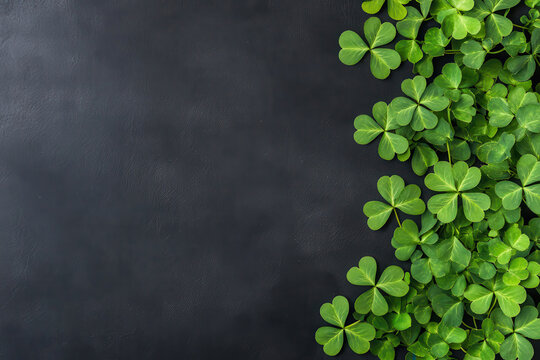 Green shamrocks on a dark background for St. Patrick's Day theme imagery - Powered by Adobe