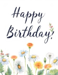 Obraz premium Watercolor flowers creating a colorful border on a white background with a happy birthday message