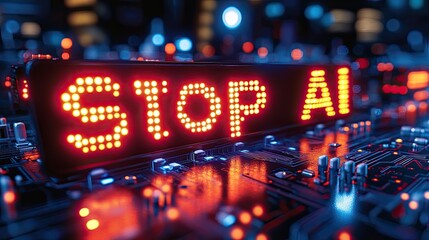 Neon protest signs highlighting 'Stop AI', AI generated