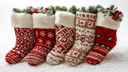Christmas Stockings with Festive Patterns and Decorations. Generative AI