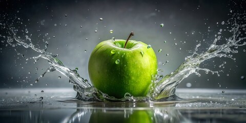 Vibrant Green Apple Splash: Night Photography Stock Photo