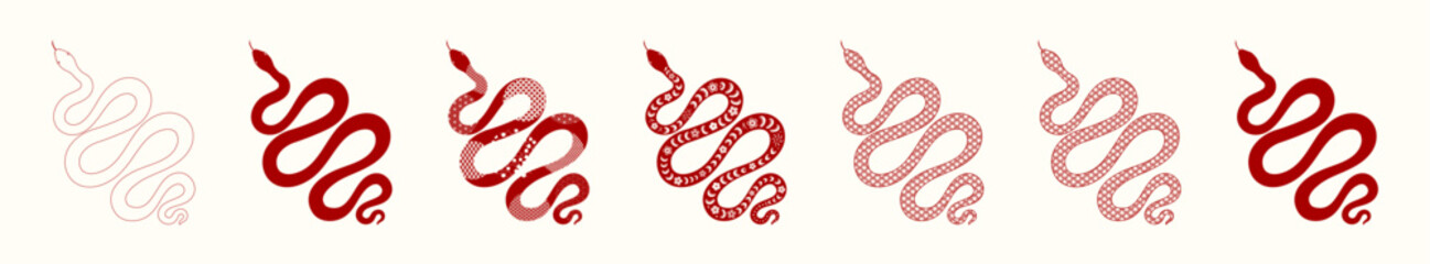 Obraz premium 2025 Lunar New Year collection; snakes with traditional Chinese patterns; paper cut; silhouette; red and white. Isolated clipart. Flat; line art vector illustration. Card; banner; design elements set