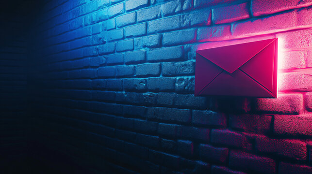 Red envelope icon on brick wall, illuminated by neon light in blue and pink shades, showcasing digital minimalism and modern design aesthetics with a focus on the glowing effect of the lighting.