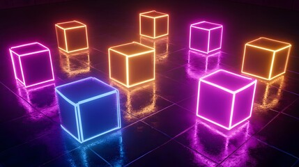 Illuminated cube arrangement virtual studio 3d render dark environment aesthetic viewpoint neon art concept
