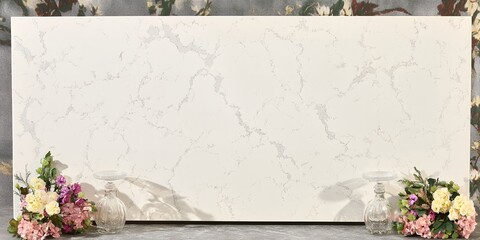 Elegant White Quartz Countertop Slab with Floral Arrangement and Glassware