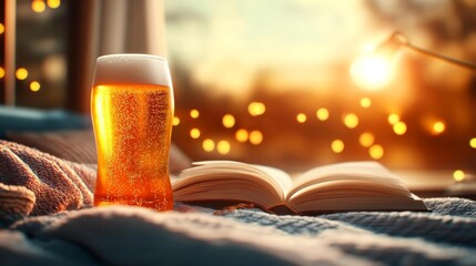 Cozy home setting with a beer glass and open book. Generative AI