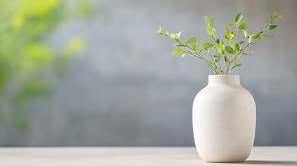 Fototapeta premium White vase with a green plant in it sits on a table