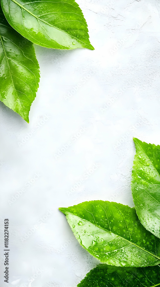 Sticker Fresh green leaves frame on white background; nature backdrop for design