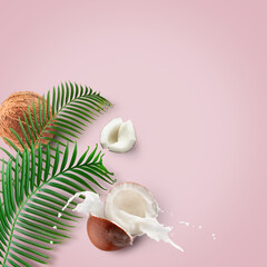 coconuts with milk splash and leaf on a light pink background