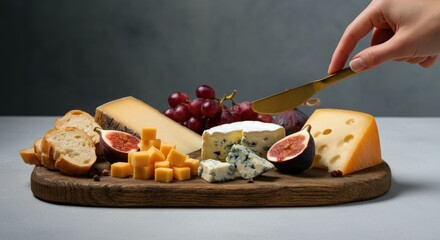 Cheese platter with variety of cheeses, fruits, and bread slices on wooden board