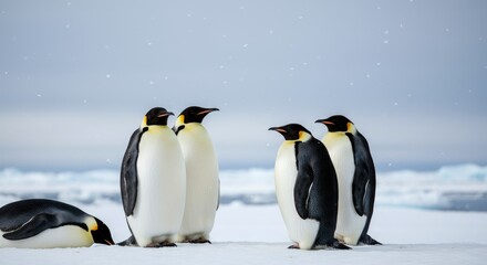 Fototapeta premium Group of emperor penguins standing in snowy Antarctic landscape