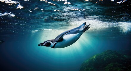 Obraz premium Penguin swimming underwater with light shining through