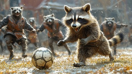 Obraz premium Illustration of Raccoons Playing Soccer in a Field