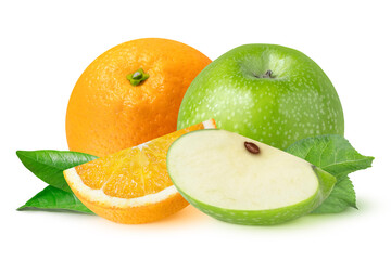 Green apples and oranges with leaves on isolated white background. Whole orange, orange slice, whole green apple, green apple slice with seed