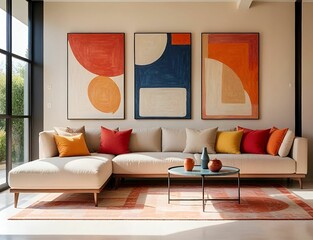 Minimalist interior design of modern living room with abstract art frame.