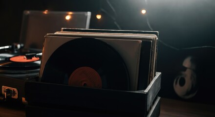 Vinyl records in crate near record player Retro vibe