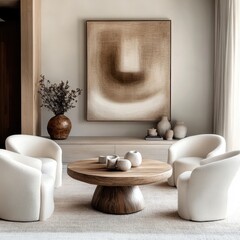 Obraz premium Minimalist interior design, organic curved armchairs, cream color palette, abstract wall art, round wooden coffee table, zen atmosphere, natural textures, soft lighting, modern elegance, clean lines, 
