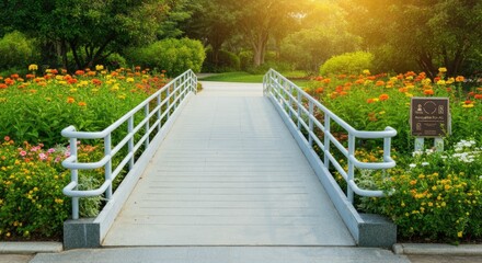Obraz premium Footbridge in vibrant garden under sunlight, surrounded by blooming flowers