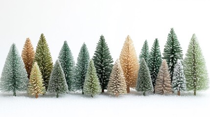 Obraz premium Miniature Christmas Trees with Snowy Details. Generative AI
