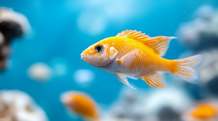 Fototapeta premium Yellow fish is swimming in a blue tank