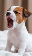 A cute puppy yawning, showcasing its playful and sleepy nature.
