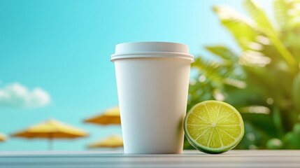 Coffee Cup Mockup on a Tropical Beach. Generative AI