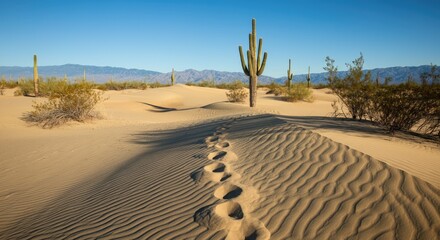 Footprints in desert sands with cacti and distant mountains under clear blue sky